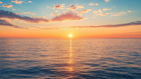 A breathtaking sunrise over a calm ocean, with a clear sky providing ample space for adding text.の素材