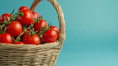 A close-up of a basket overflowing with freshly harvested tomatoes, with a clean background for text placement.の素材