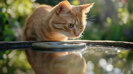 A cat looking at its reflection in a birdbath with a spacious, blurred garden for text placement.の素材