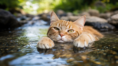 A cat lying in a shallow stream with its paws submerged, with a clear, serene background for copy.の素材