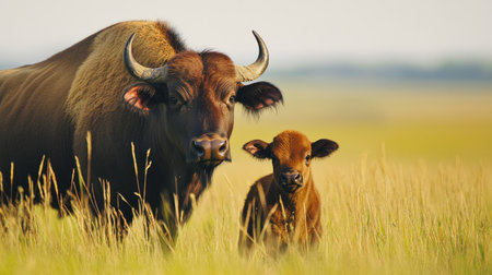 A buffalo with its young calf in a grassy field, surrounded by a clean background providing space for adding text.の素材