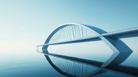 A close-up of a bridge's arch reflected in the water below, with a large area of clear sky above for adding text.の素材