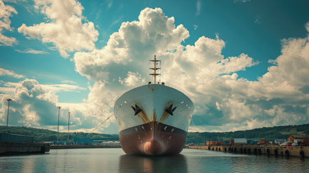 A cargo ship docked at a port with a wide, open sky above for copy placement.の素材