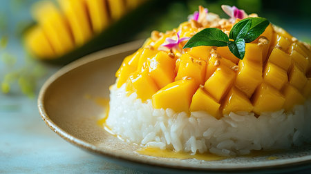 A close-up of a beautifully decorated Thai mango sticky rice dessert, with a clean background for text placement.の素材