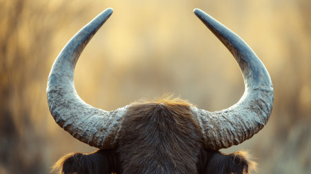 A close-up of a buffalo's horns against a blurred background, leaving ample space for adding text.の素材