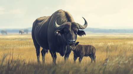 A buffalo with its young calf in a grassy field, surrounded by a clean background providing space for adding text.の素材