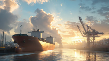 A cargo ship docked at a port with a wide, open sky above for copy placement.の素材