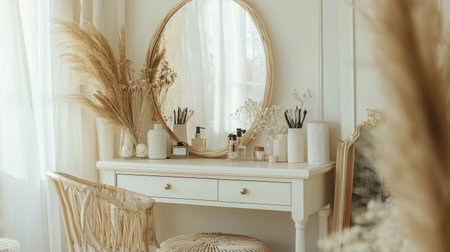 A chic dressing table setup in a cozy corner, with a clear space for adding copy in the background. -の素材