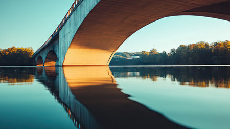 A close-up of a bridge's arch reflected in the water below, with a large area of clear sky above for adding text.の素材