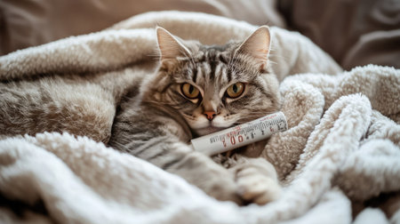 A cat with a thermometer in its mouth, lying on a blanket with a clear background, offering space for text or copy.の素材