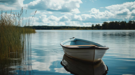 A close-up of a boat on a tranquil lake, with a wide-open sky and space for copy.の素材