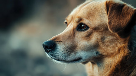 A close-up of a dog's face showing signs of illness, with a blurred background offering ample space for text placement.の素材