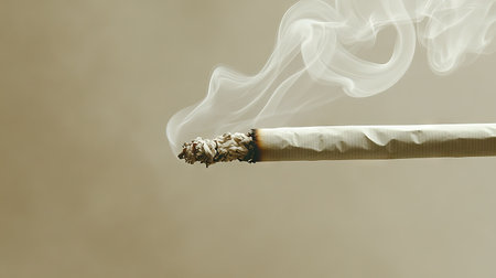 A close-up of a burning cigarette with smoke curling against a neutral backdrop, leaving room for textの素材