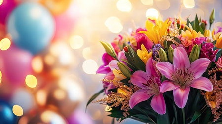 A close-up of a celebratory bouquet with balloons in the background, with space around for copy.の素材