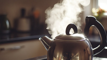 A close-up of a kettle boiling with steam rising, with a clean, unobtrusive background for text placement.の素材