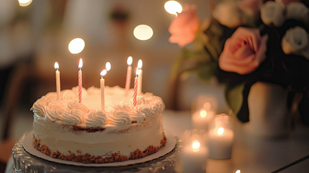A close-up of a cake with candles on a decorated table, leaving room around for adding text.の素材
