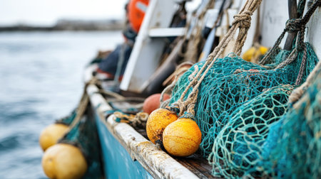 A close-up of a fishing boat with fishing gear and nets on the deck, with a clean background for text placement.の素材