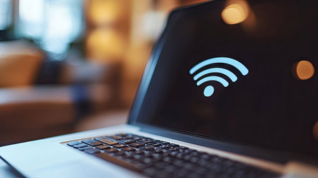 A close-up of a laptop with Wi-Fi bars on the screen, with a clean background for text placement. -の素材