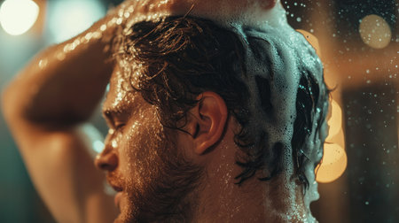 A close-up of a man face and shoulders as he rinses shampoo from his hair, with a blurred background providing room for text.の素材