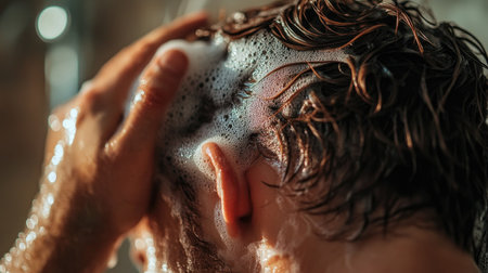 A close-up of a man face and shoulders as he rinses shampoo from his hair, with a blurred background providing room for text.の素材