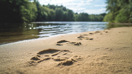 A close-up of footprints in the sand along a riverbank, with a clear, open sky above for text placement.の素材