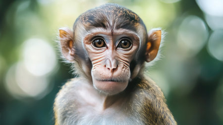 A close-up of a monkey with a drooping expression, surrounded by a soft-focus background for adding text.の素材