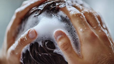 A close-up of a man hands applying shampoo to his hair, with a soft-focus background providing space for text placement.の素材
