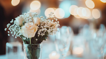 A close-up of delicate wedding decorations on a table, with a blurred background providing room for copy.の素材