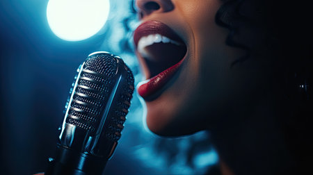 A close-up of a singer passionately singing into a microphone with a clean background, offering plenty of space for adding text.の素材