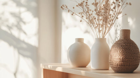 A close-up of elegant home decorations on a shelf, with a neutral background for text placement.の素材