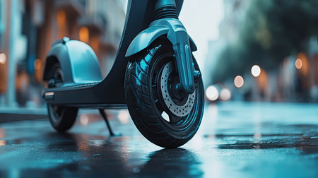 A close-up of an electric scooter with city streets in the background, with room for adding text. -の素材