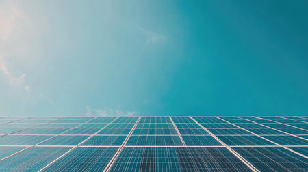 A close-up of solar cells on a rooftop, with a clear sky above and ample space for adding text.の素材