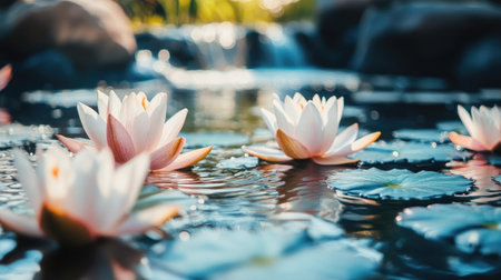 A cluster of lotus flowers in a peaceful garden pond with clear water and an open space for copy.の素材