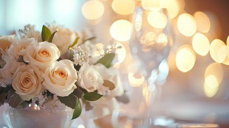 A close-up of delicate wedding decorations on a table, with a blurred background providing room for copy.の素材