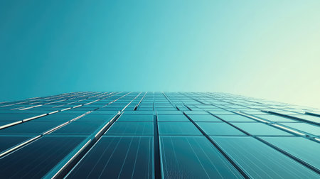 A close-up of solar cells on a rooftop, with a clear sky above and ample space for adding text.の素材