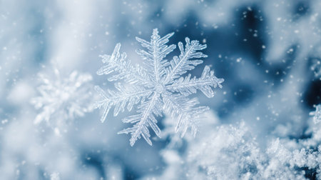 A close-up of snowflakes swirling in a fierce snowstorm, with a blurred background providing space for copy.の素材