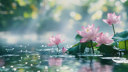 A cluster of lotus flowers in a peaceful garden pond with clear water and an open space for copy.の素材