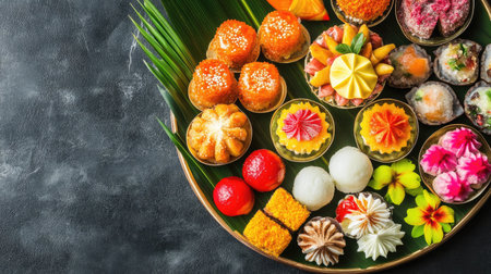 A colorful array of traditional Thai desserts displayed on a platter, with ample space around for adding text.の素材
