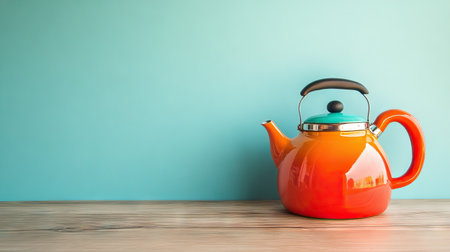 A colorful kettle on a wooden countertop with a clean background, offering plenty of open space for text.の素材
