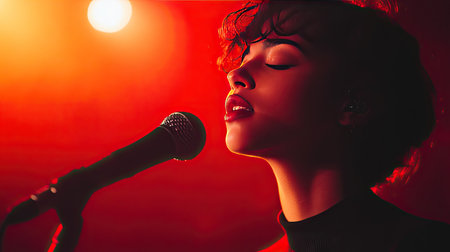 A dynamic shot of a singer with their eyes closed, performing on stage, with clear, open space in the background for text or copy.の素材