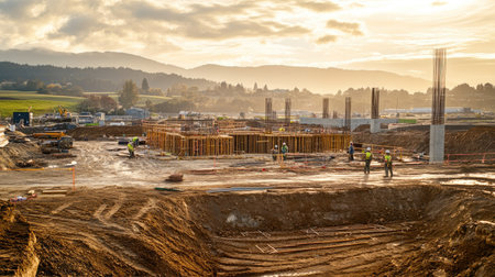 A construction site with a partially completed structure and workers in the distance, with open space for text.の素材