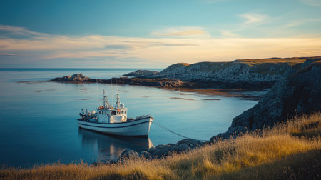 A fishing boat anchored near a scenic coastline, with a clear sky and ample space around for adding copyの素材