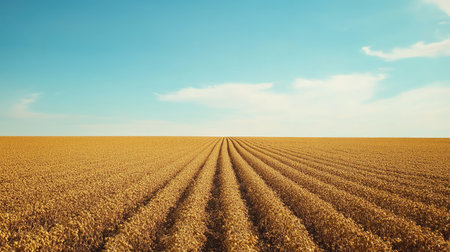 A field of soybeans ready for harvest with a blue sky above, offering a large area for adding text or copy.の素材