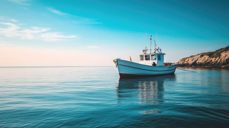 A fishing boat anchored near a scenic coastline, with a clear sky and ample space around for adding copyの素材