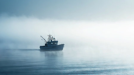 A fishing boat navigating through foggy waters, with a clear sky above and plenty of space for adding text.の素材