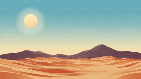 A desert landscape with the setting sun casting long shadows, featuring a clean sky space for text placement.の素材