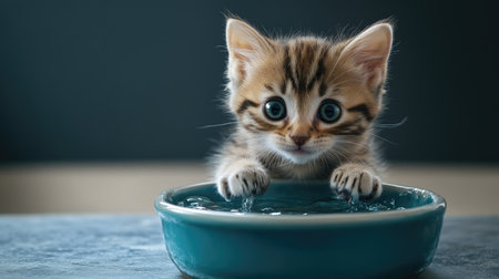 A curious kitten dipping its paws into a water bowl, with plenty of space around for copy.の素材