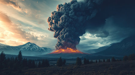 A distant view of a volcano erupting with ash and smoke billowing, leaving room in the sky for copy.の素材