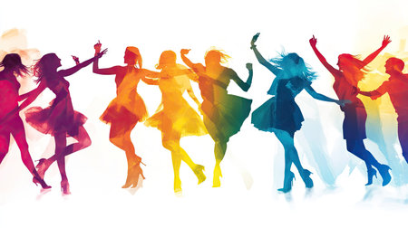 A group of friends dancing at a celebration, with a clear background providing space for text.の素材