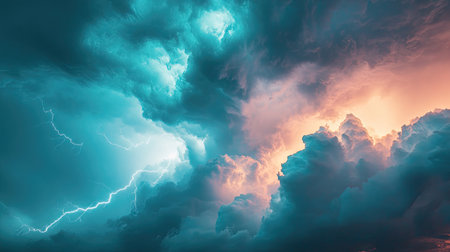 A dramatic storm cloud formation with lightning streaking across the sky, leaving ample space for text in the sky.の素材